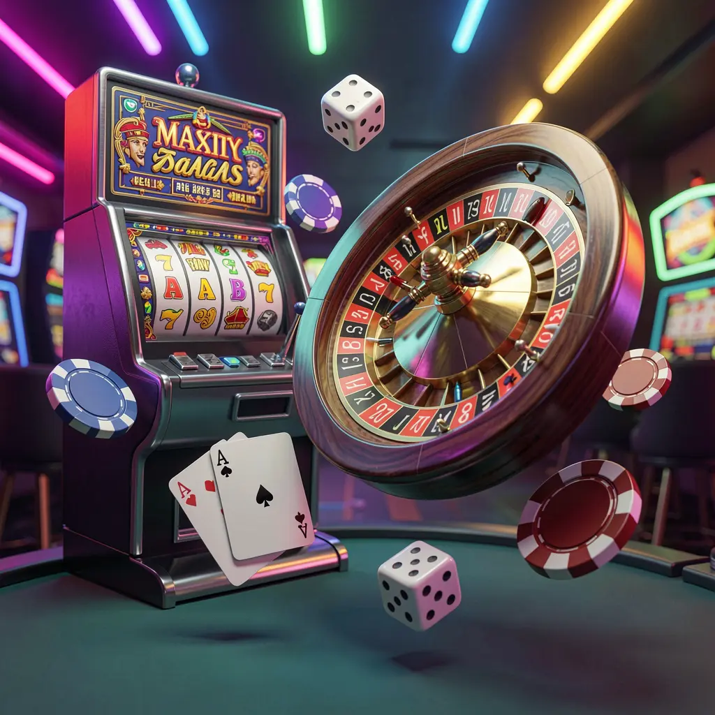 I880 casino games collection homepage visual featuring a slot machine, roulette wheel, dice, playing cards, and poker chips floating together with colorful neon lights in a premium 3D render